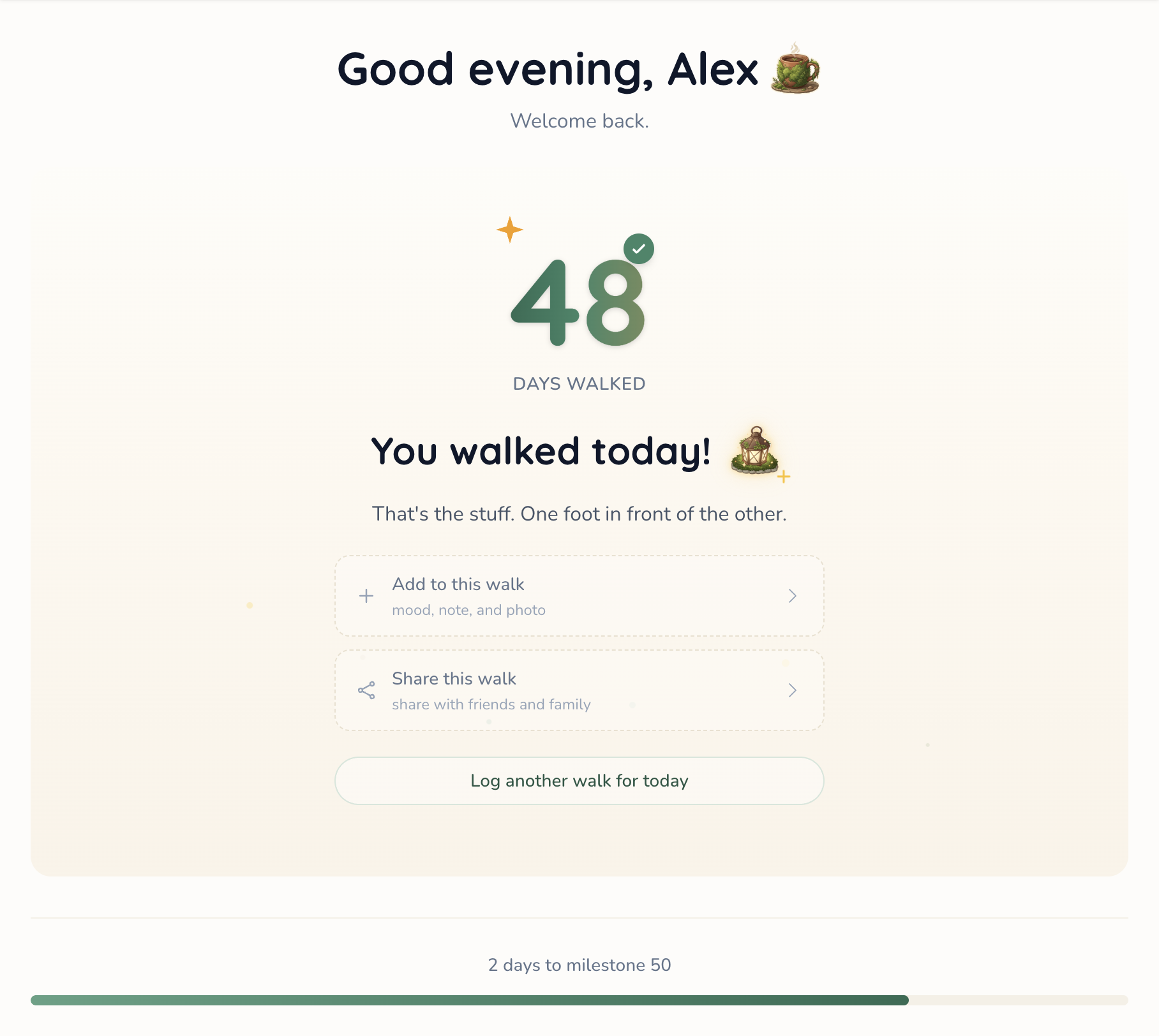 MossMug dashboard after a walk has been logged, showing the days walked count and a calendar with many green tiles