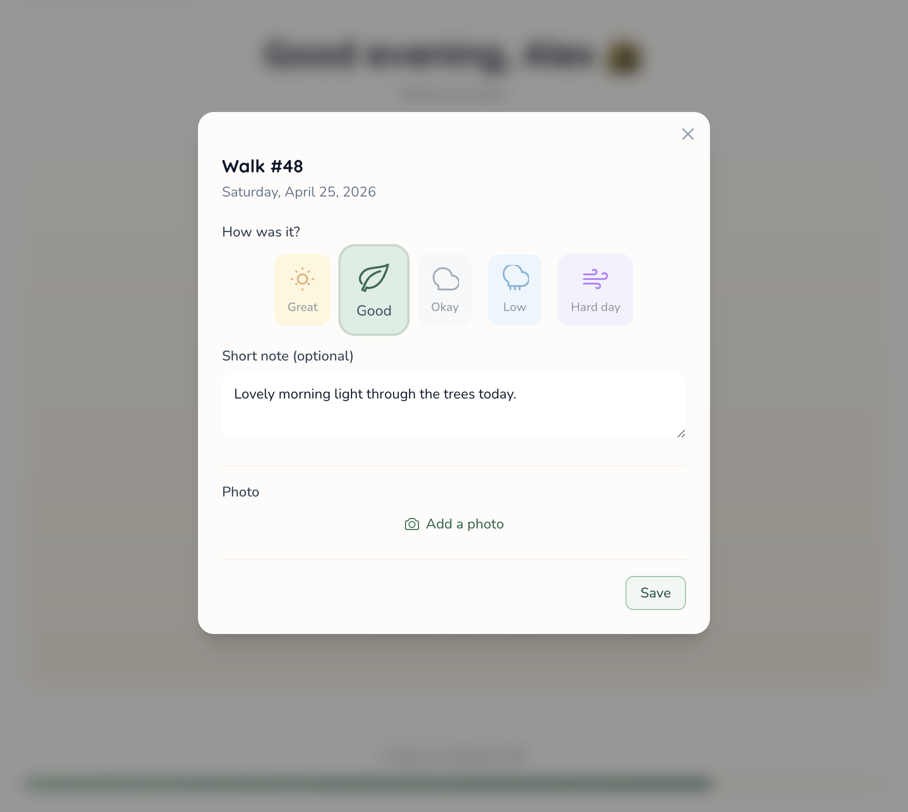 The walk details modal showing mood picker, short note field, and photo option